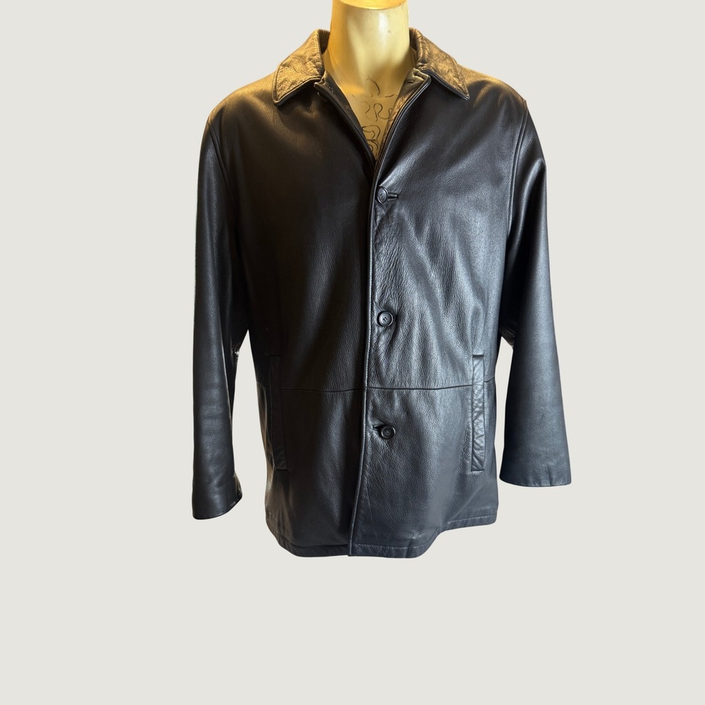 Vintage Brooks Brothers Men's L Black Genuine Leather Car Coat Wool Lined